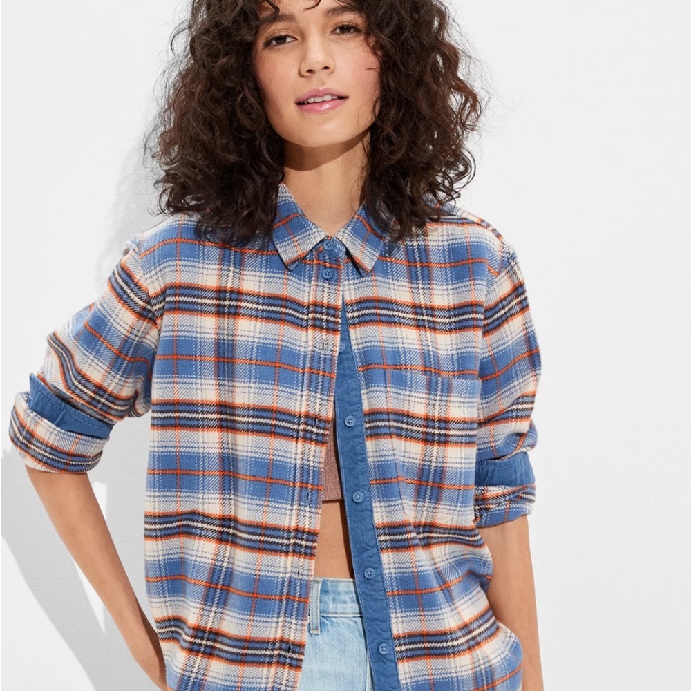 American Eagle Flannel Plaid Blue Orange Womens XL